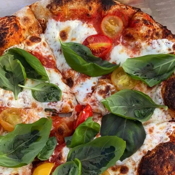 Close-up of a pizza with melted mozzarella, tomato sauce, fresh basil leaves, and cherry tomatoes.