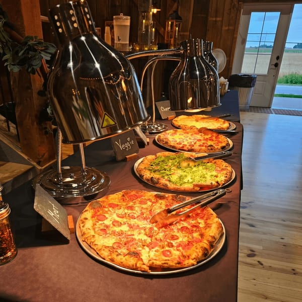 A buffet table with four pizzas under heat lamps, including veggie, cheese, and meat options.