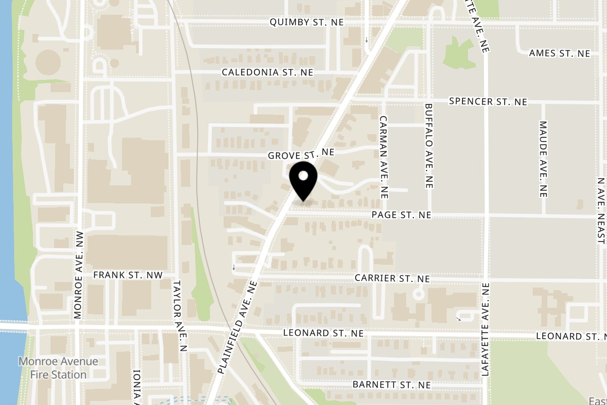 Map showing the location of Arcane Pizza on 1300 Plainfield Ave NE in Grand Rapids